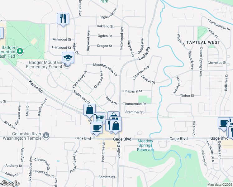 map of restaurants, bars, coffee shops, grocery stores, and more near 1588 Sagewood Street in Richland