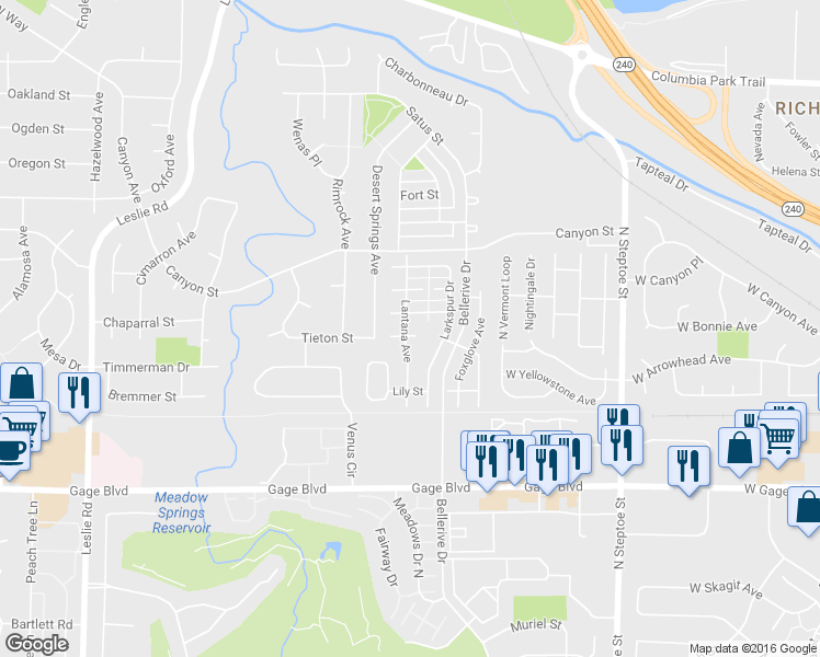 map of restaurants, bars, coffee shops, grocery stores, and more near 1590 Lantana Avenue in Richland