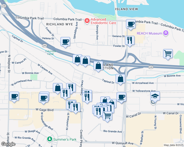 map of restaurants, bars, coffee shops, grocery stores, and more near 1550 Tapteal Dr Way in Richland