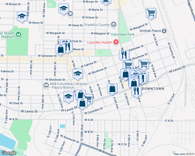 map of restaurants, bars, coffee shops, grocery stores, and more near 729 West Bonneville Street in Pasco