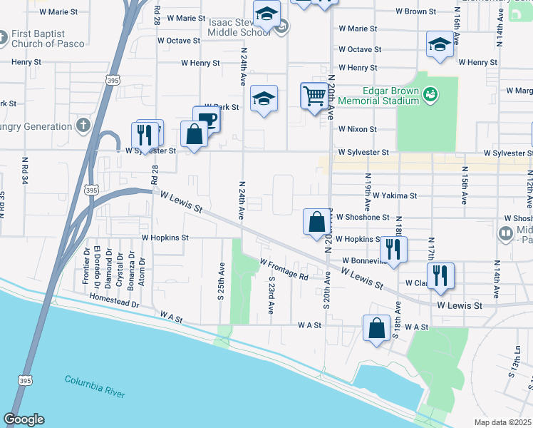 map of restaurants, bars, coffee shops, grocery stores, and more near 302 North 23rd Avenue in Pasco