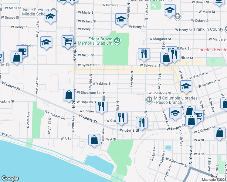 map of restaurants, bars, coffee shops, grocery stores, and more near 1711 West Shoshone Street in Pasco