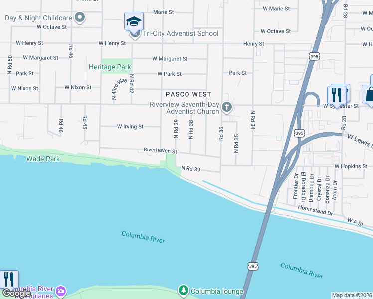 map of restaurants, bars, coffee shops, grocery stores, and more near 3809 Riverhaven Street in Pasco