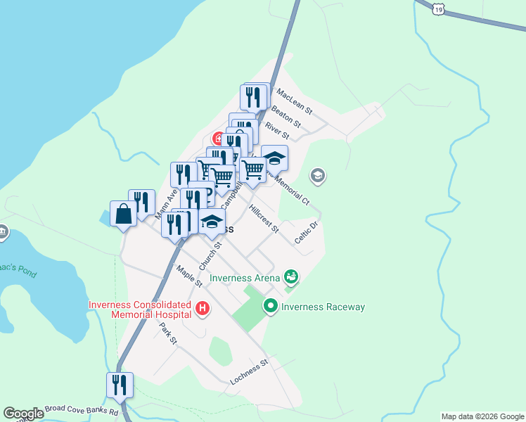 map of restaurants, bars, coffee shops, grocery stores, and more near 31 Hillcrest Street in Inverness