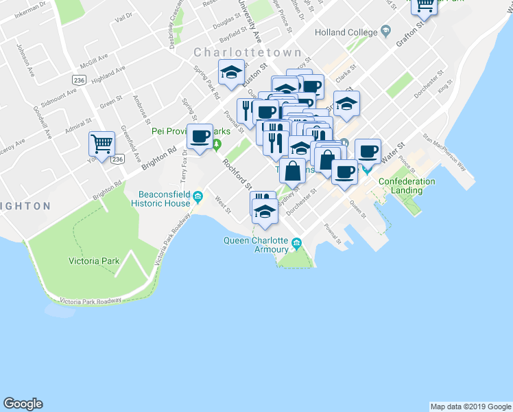 map of restaurants, bars, coffee shops, grocery stores, and more near 25 Richmond Street in Charlottetown