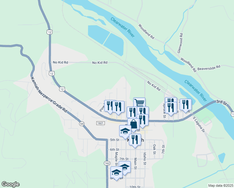 map of restaurants, bars, coffee shops, grocery stores, and more near North Maple Street in Kamiah