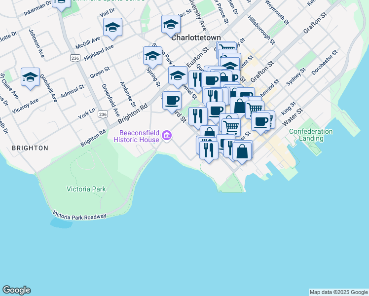 map of restaurants, bars, coffee shops, grocery stores, and more near 12 West Street in Charlottetown