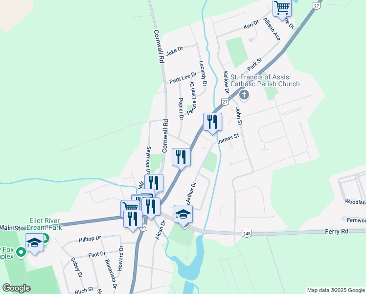 map of restaurants, bars, coffee shops, grocery stores, and more near 2 Centennial Drive in Cornwall