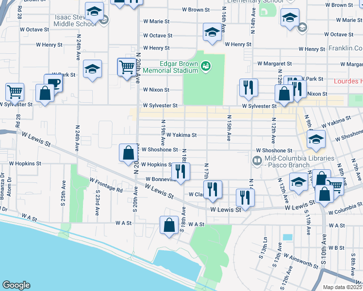 map of restaurants, bars, coffee shops, grocery stores, and more near 404 North 18th Avenue in Pasco