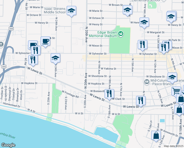 map of restaurants, bars, coffee shops, grocery stores, and more near 1923 West Shoshone Street in Pasco