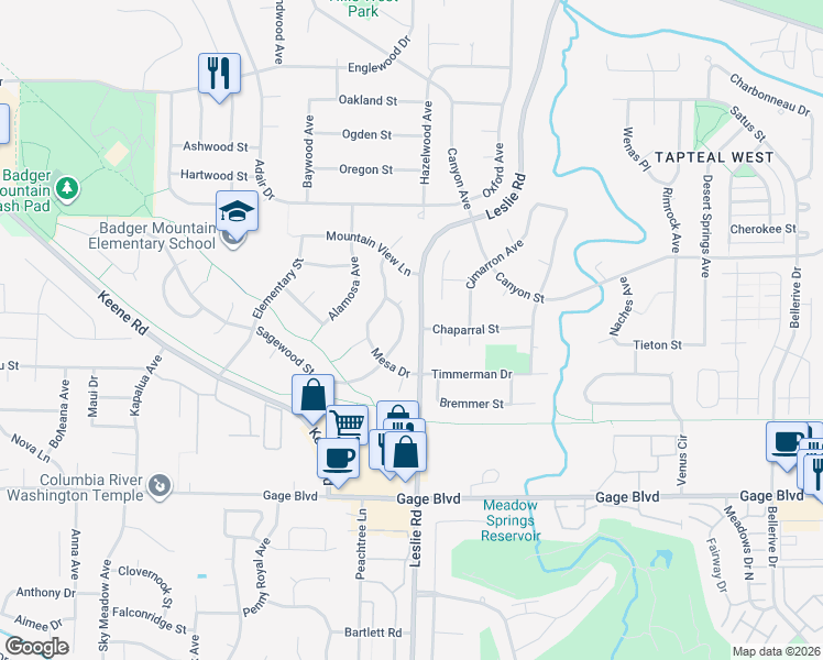 map of restaurants, bars, coffee shops, grocery stores, and more near 1588 Sagewood Street in Richland