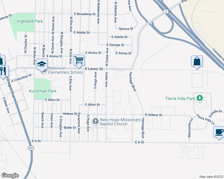 map of restaurants, bars, coffee shops, grocery stores, and more near 405 Cedar Avenue in Pasco