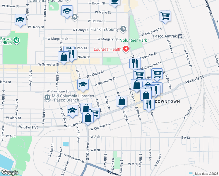 map of restaurants, bars, coffee shops, grocery stores, and more near 729 West Bonneville Street in Pasco
