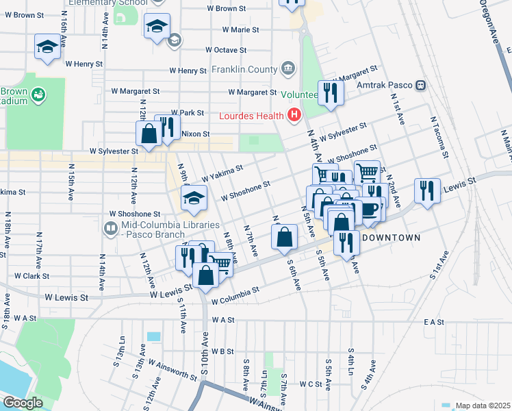 map of restaurants, bars, coffee shops, grocery stores, and more near 729 West Bonneville Street in Pasco