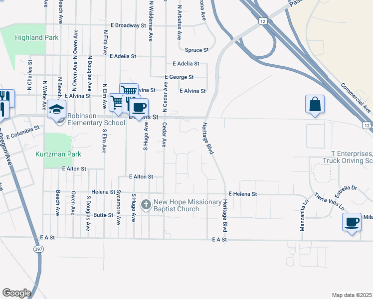 map of restaurants, bars, coffee shops, grocery stores, and more near 2504 Ronan Street in Pasco