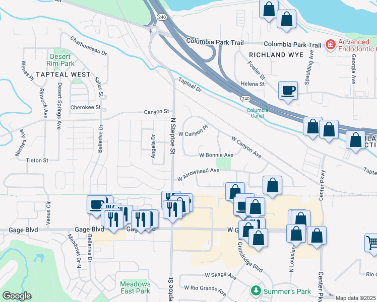 map of restaurants, bars, coffee shops, grocery stores, and more near 8921 West Bonnie Avenue in Kennewick