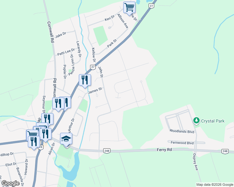 map of restaurants, bars, coffee shops, grocery stores, and more near 10 Miah Drive in Cornwall