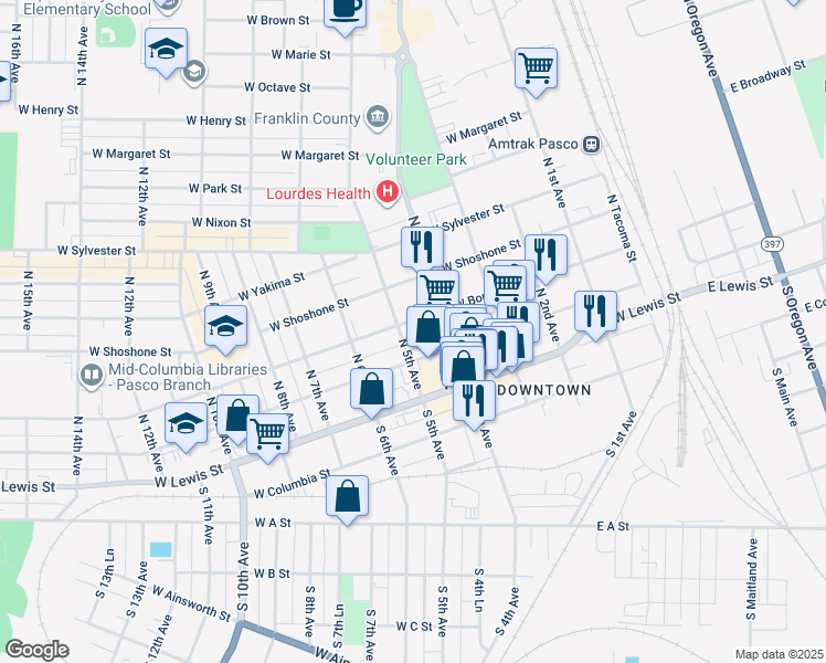 map of restaurants, bars, coffee shops, grocery stores, and more near in Pasco