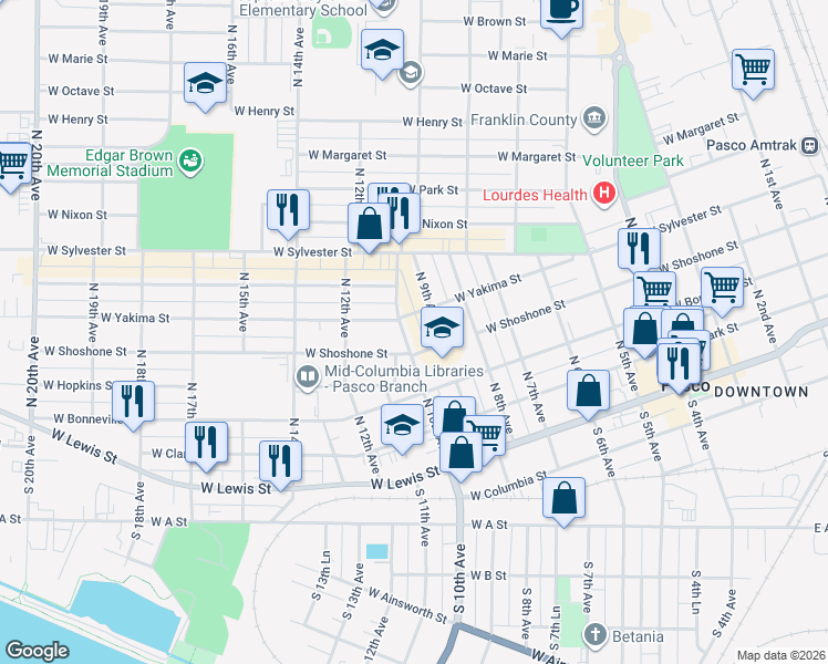 map of restaurants, bars, coffee shops, grocery stores, and more near 3 West Shoshone Street in Pasco