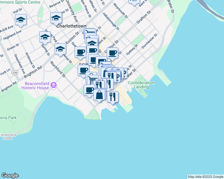 map of restaurants, bars, coffee shops, grocery stores, and more near 65 Water Street in Charlottetown