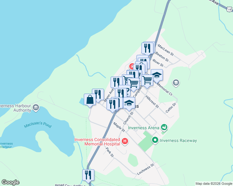 map of restaurants, bars, coffee shops, grocery stores, and more near 312 Mackenzie Avenue in Inverness