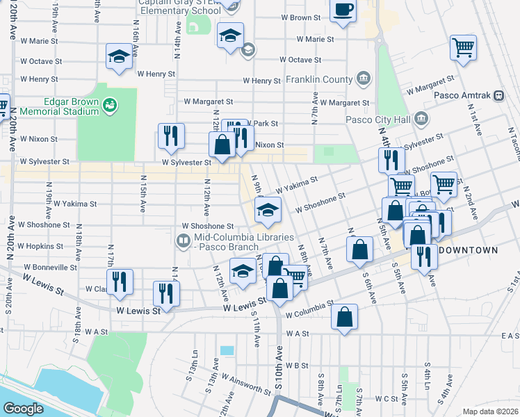 map of restaurants, bars, coffee shops, grocery stores, and more near 1000-1026 West Shoshone Street in Pasco