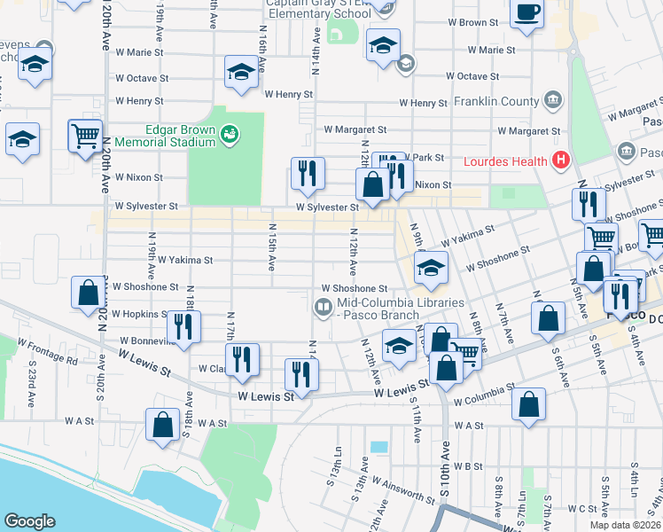 map of restaurants, bars, coffee shops, grocery stores, and more near 1311 West Shoshone Street in Pasco