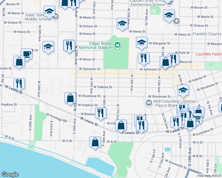 map of restaurants, bars, coffee shops, grocery stores, and more near 1711 W Shoshone St in Pasco