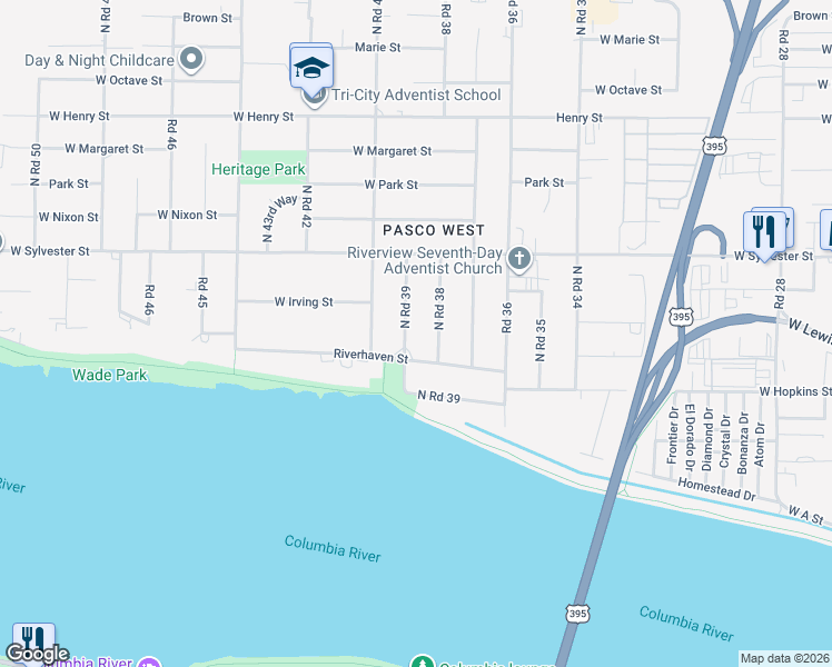 map of restaurants, bars, coffee shops, grocery stores, and more near 3809 Riverhaven St in Pasco