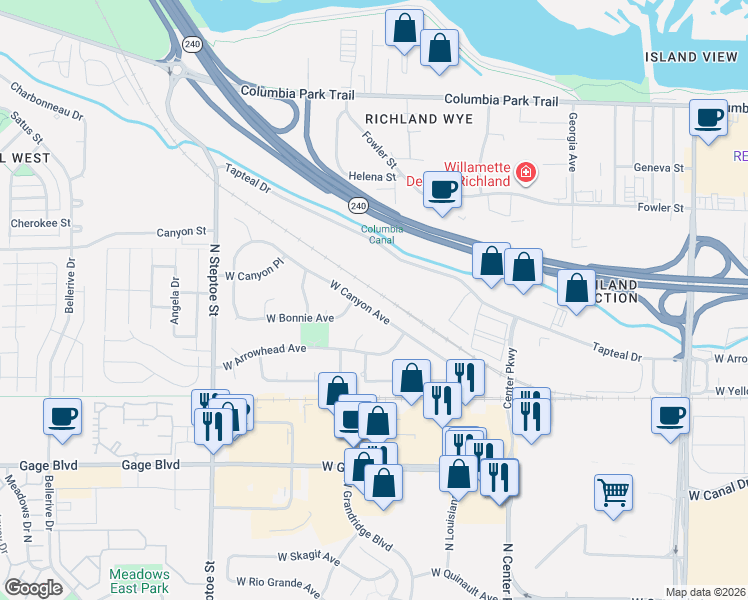 map of restaurants, bars, coffee shops, grocery stores, and more near 8541 West Canyon Avenue in Kennewick