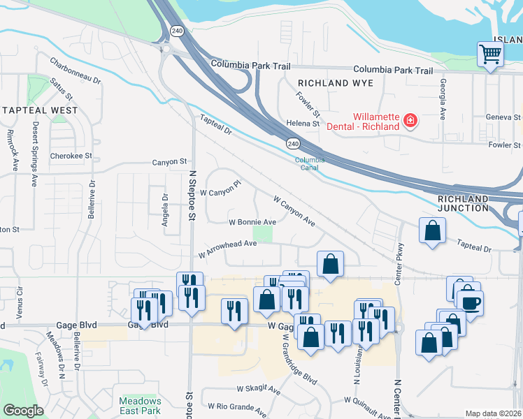 map of restaurants, bars, coffee shops, grocery stores, and more near 8713-8777 West Bonnie Avenue in Kennewick