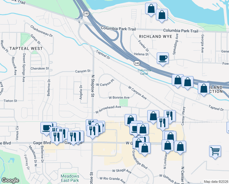 map of restaurants, bars, coffee shops, grocery stores, and more near 8819 West Bonnie Avenue in Kennewick