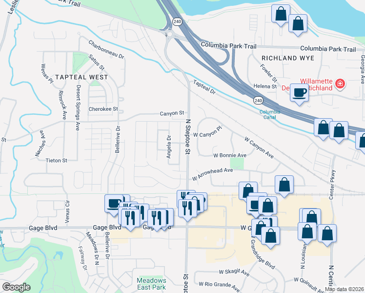 map of restaurants, bars, coffee shops, grocery stores, and more near 2101-2113 North Steptoe Street in Kennewick