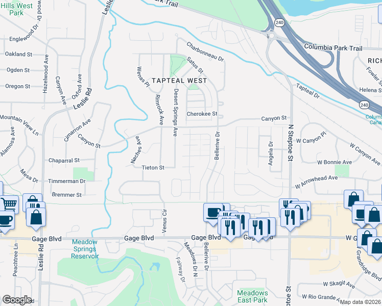 map of restaurants, bars, coffee shops, grocery stores, and more near 1625 Larkspur Drive in Richland