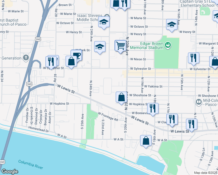 map of restaurants, bars, coffee shops, grocery stores, and more near 301 North 22nd Avenue in Pasco
