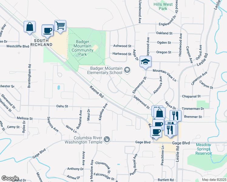 map of restaurants, bars, coffee shops, grocery stores, and more near 1716 Del Cambre Loop in Richland