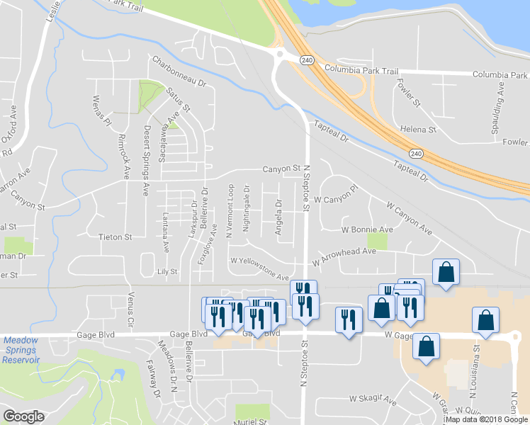 map of restaurants, bars, coffee shops, grocery stores, and more near 82 Gilaland Drive in Kennewick