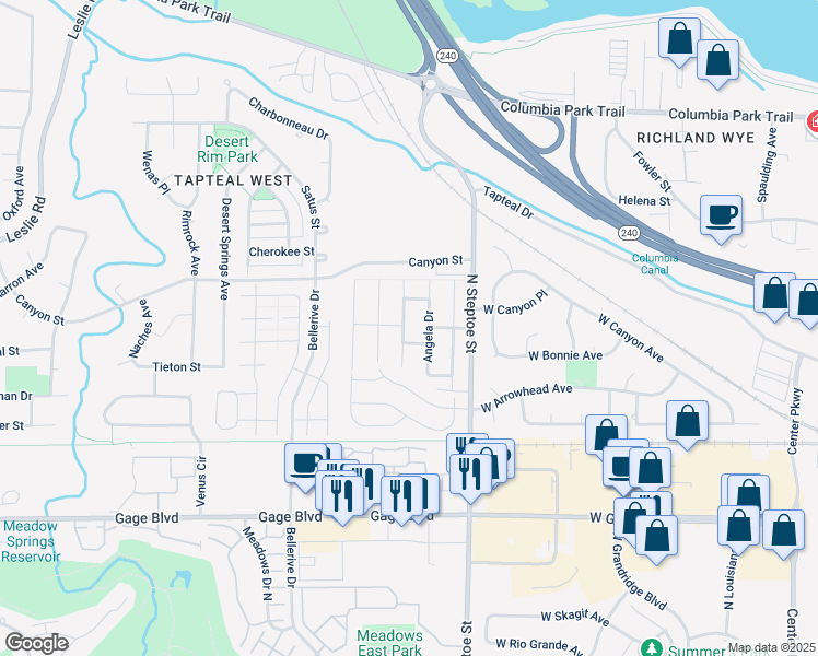 map of restaurants, bars, coffee shops, grocery stores, and more near 82 Gilaland Drive in Kennewick