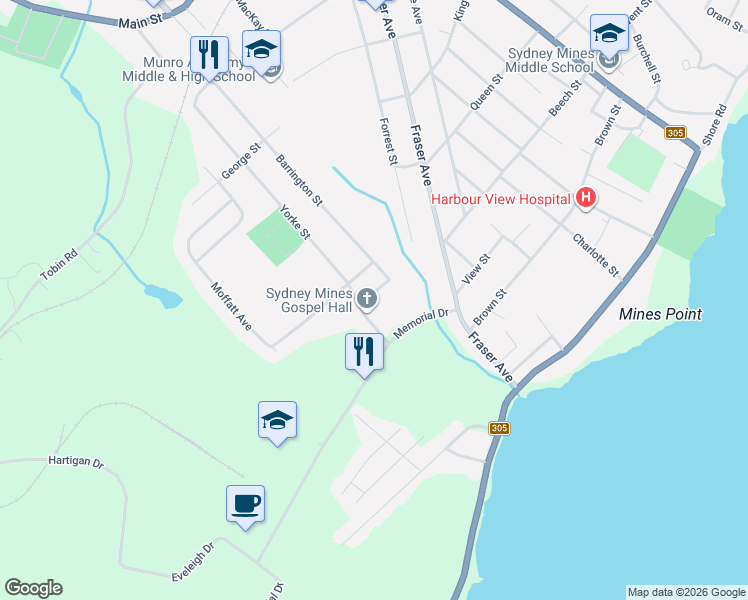 map of restaurants, bars, coffee shops, grocery stores, and more near 117 Barrington Street in Sydney Mines
