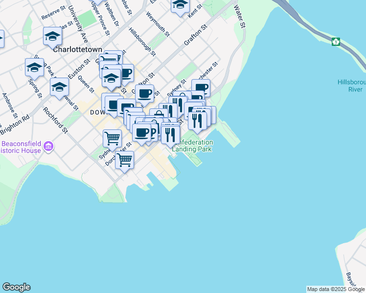 map of restaurants, bars, coffee shops, grocery stores, and more near 2 Great George Street in Charlottetown