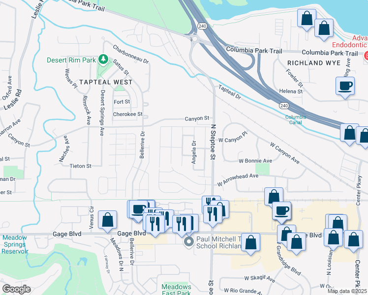 map of restaurants, bars, coffee shops, grocery stores, and more near 82 Gilaland Drive in Kennewick