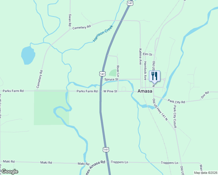 map of restaurants, bars, coffee shops, grocery stores, and more near 510 Wests Road in Amasa