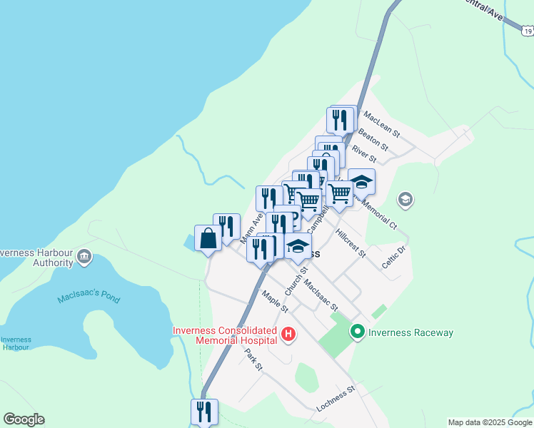 map of restaurants, bars, coffee shops, grocery stores, and more near 46 Mann Avenue in Inverness