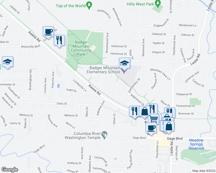 map of restaurants, bars, coffee shops, grocery stores, and more near 1729 Del Cambre Loop in Richland
