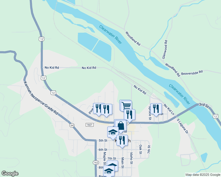 map of restaurants, bars, coffee shops, grocery stores, and more near 206 Hill Street in Kamiah