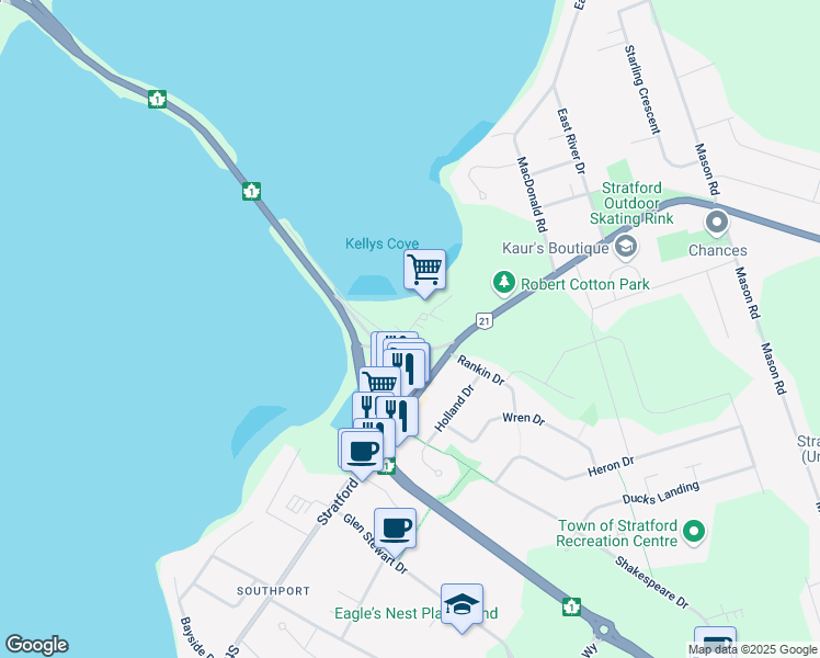 map of restaurants, bars, coffee shops, grocery stores, and more near Horton Drive in Stratford