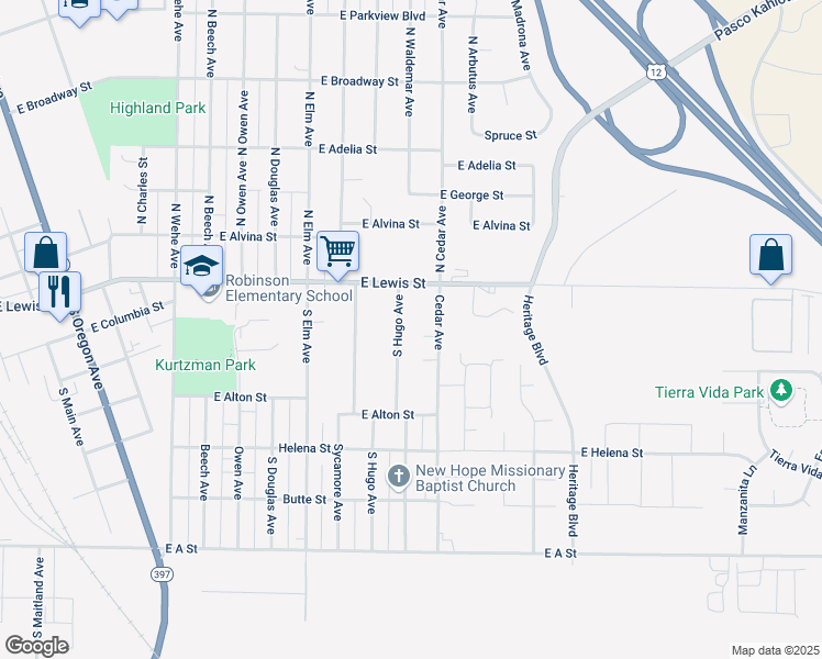 map of restaurants, bars, coffee shops, grocery stores, and more near 123 South Hugo Avenue in Pasco