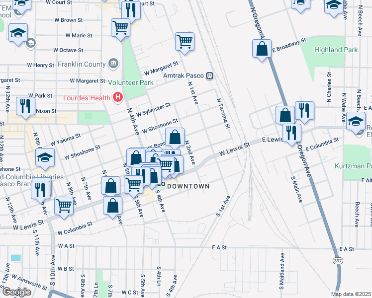 map of restaurants, bars, coffee shops, grocery stores, and more near 222 North 2nd Avenue in Pasco