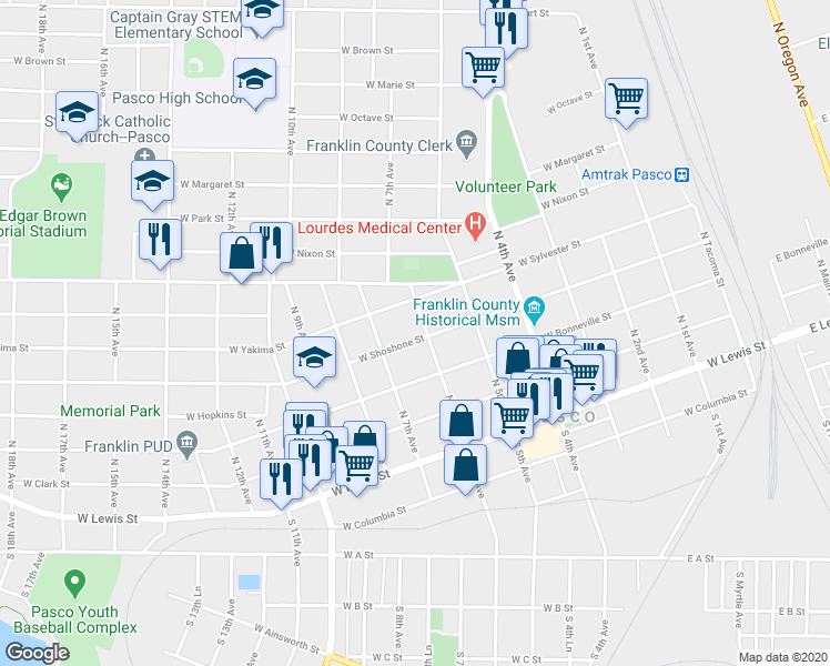 map of restaurants, bars, coffee shops, grocery stores, and more near 718 West Yakima Street in Pasco