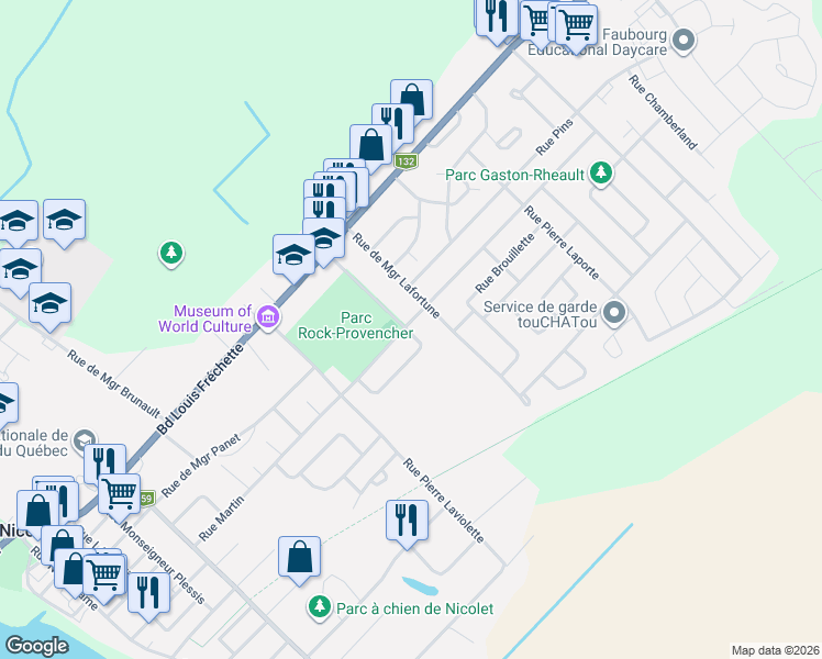 map of restaurants, bars, coffee shops, grocery stores, and more near 1257 Rue Napoléon Therrien in Nicolet